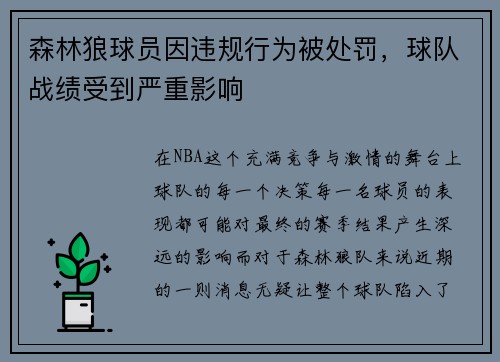 森林狼球员因违规行为被处罚，球队战绩受到严重影响